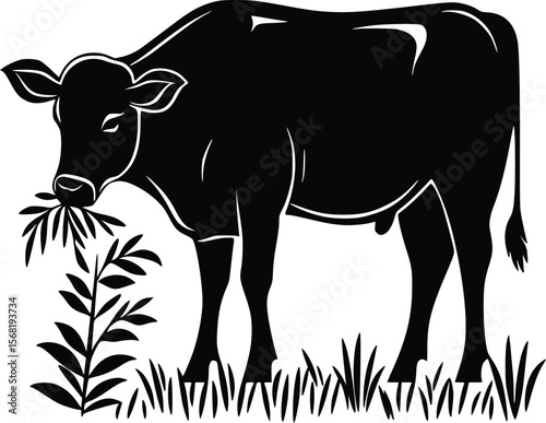 Vector illustration: Silhouette of cow grazing peacefully in a field
