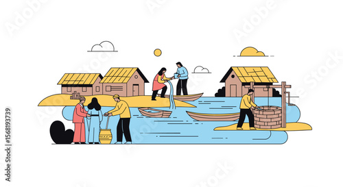 Community members collaborating to build a bridge over water for a village