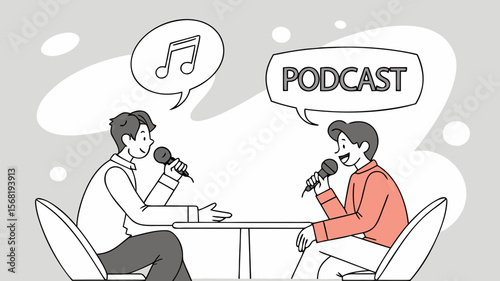 Podcast interview illustration with music and speech bubbles for audio content