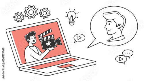 Video production online course and film making tutorial on laptop concept art