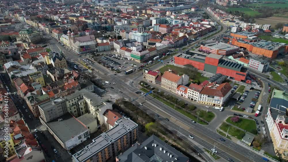 Aerial panorama view of the old town and market place in the city of Pilsen i the Czech Republic on a sunny spring morning. Aerial panorama view of the old town and market place in the city of Pilsen i the Czech Republic on a sunny spring morning.