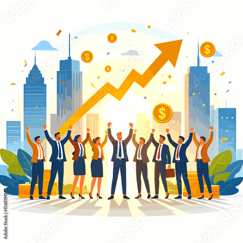 Diverse Business Team Cheering with Upward Arrow and Gold Coins Against Cityscape Symbolizing Financial Success and Growth in a Positive Atmosphere