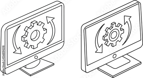 System Update and Process Management Isometric Monitor Icons, Digital Configuration and Refresh Cycle Vector Set