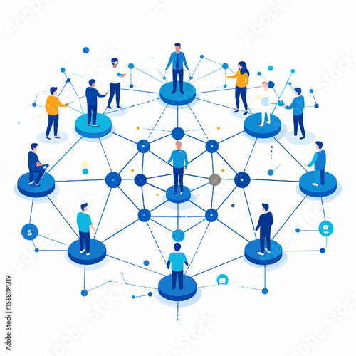 Diverse Group Network Connecting People in Blue Illustration Communication and Digital Concept Featuring Business Collaboration on a White Background