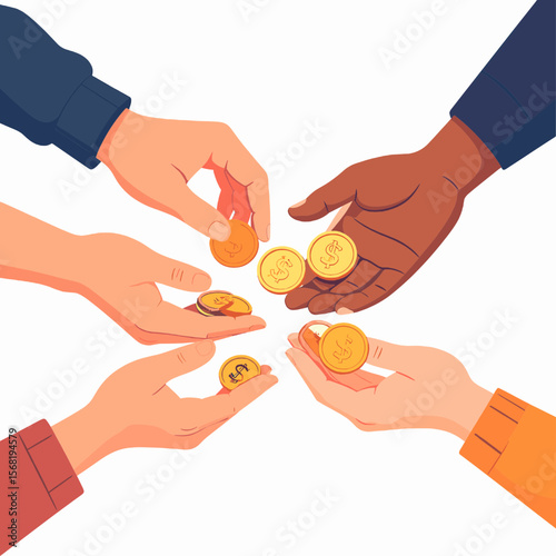 Diverse Hands Presenting Gold Coins Depicting Concept of Charity Sharing and Financial Support with Clean White Background