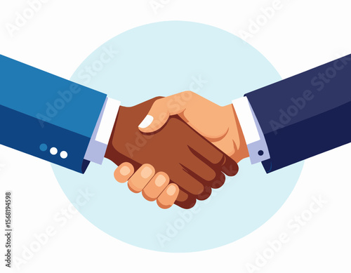 Diverse Hands Shake in Blue Suits Depicting Agreement and Collaboration Against Light Blue Circle