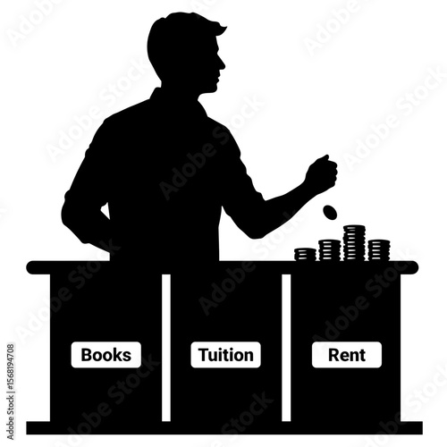 Silhouette of person sorting coins into labeled compartments, financial planning