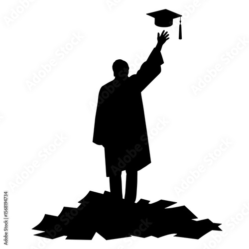 Silhouette of graduate holding cap, financial freedom academic success