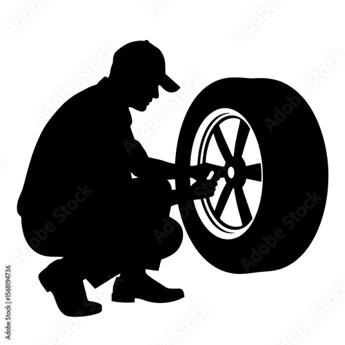 Silhouette of person checking tire pressure with gauge, automotive safety maintenance