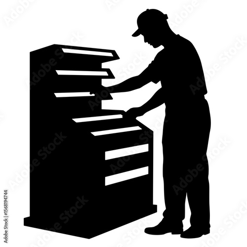 Mechanic silhouette with open parts rack, auto workshop preparation