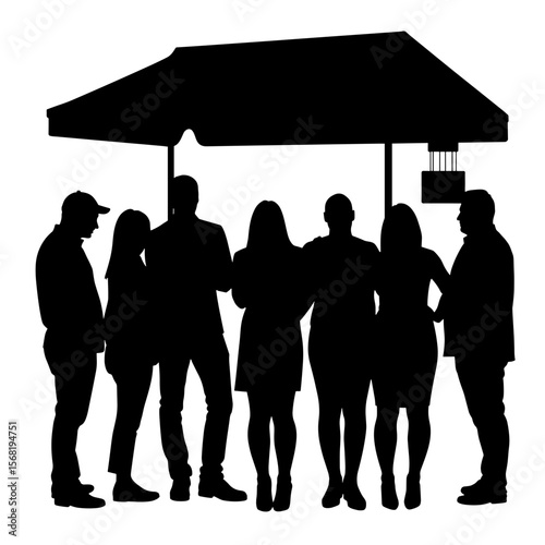 Group silhouette at bakery stand, food tour community gathering