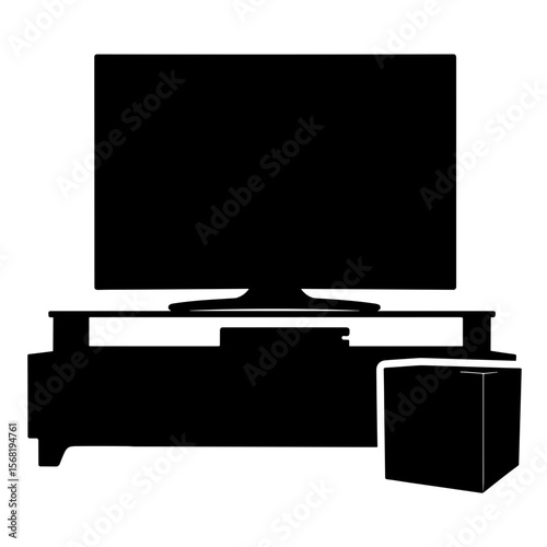 Silhouette of subwoofer and entertainment console, home theater audio setup