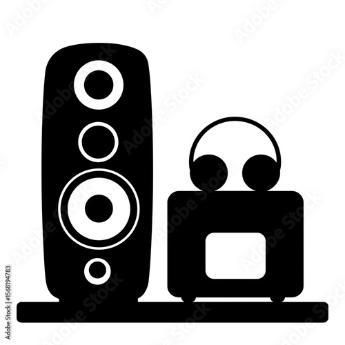 Silhouette of wireless speaker and headphones on shelf, minimalist sound setup