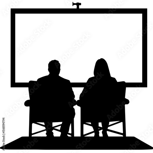 Silhouette of couple sitting in home theater, shared movie experience