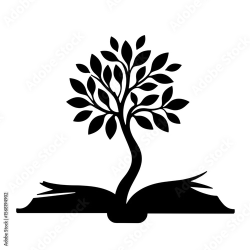 Silhouette of tree growing from open book, knowledge investment growth