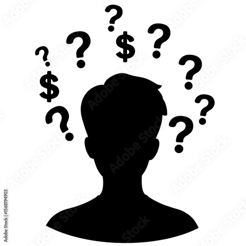 Silhouette of student surrounded by question marks and dollar signs, finance education uncertainty