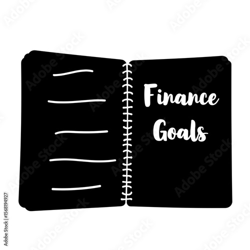 Silhouette of open planner with finance goals text, personal finance planning tool
