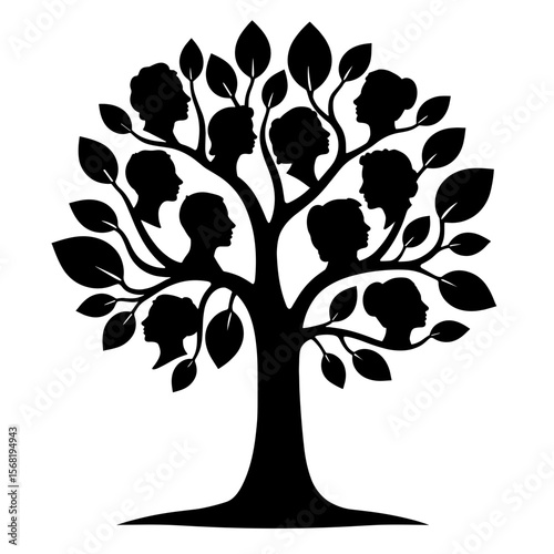 Silhouette tree with human head leaves, collective growth identity symbol