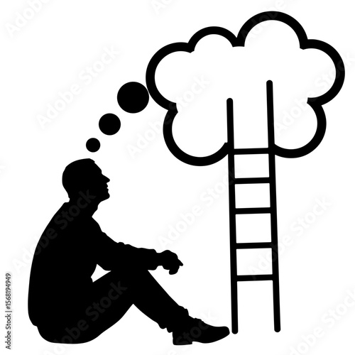 Silhouette of person with thought bubble ladder, idea into action metaphor, personal growth