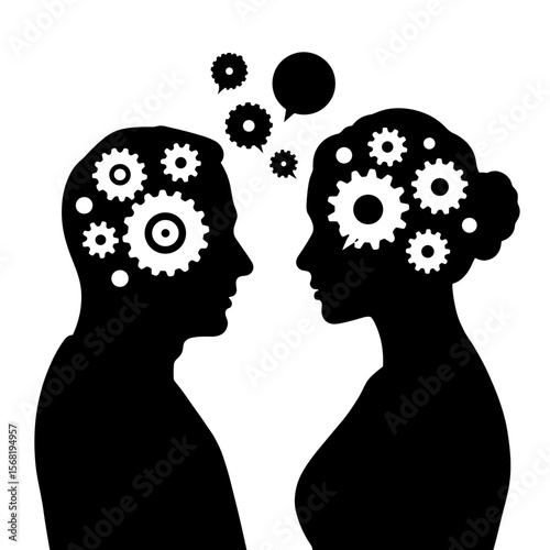 Silhouette of coach with thought gears engaging client, mental coaching insight