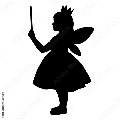 Silhouette of child holding wand, fairy costume dress-up play