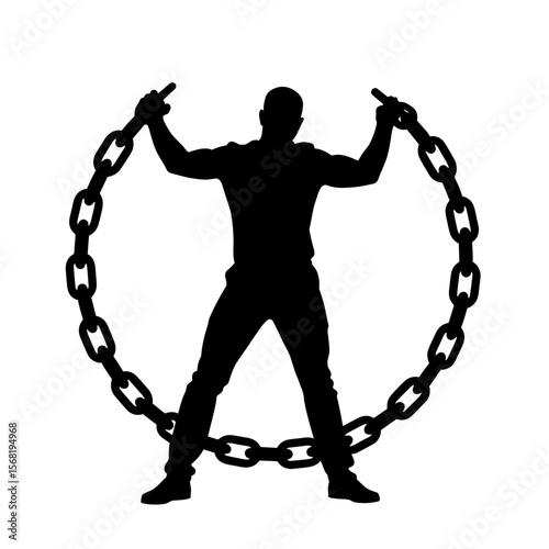 Silhouette of person breaking free from large chain, liberation and freedom concept