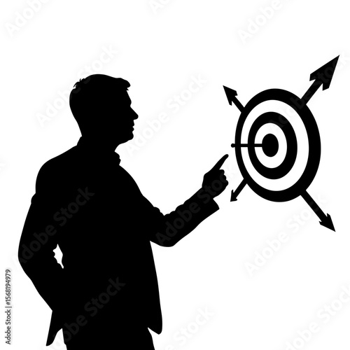 Silhouette of coach pointing at target chart with arrows, strategic focus planning
