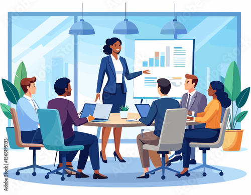Diverse Team in a Modern Office Meeting with Data Charts Presentation and Blue Suits Under Bright Lighting