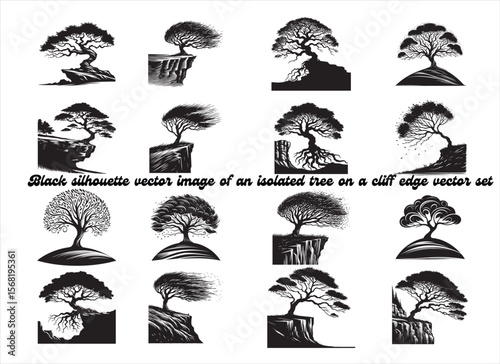 Isolated Tree on Cliff Edge Silhouette – Handmade Black Vector Art with Rugged Terrain