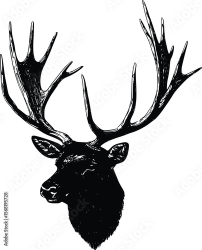 Majestic Stag Head: Elegant Black Ink Vector Illustration