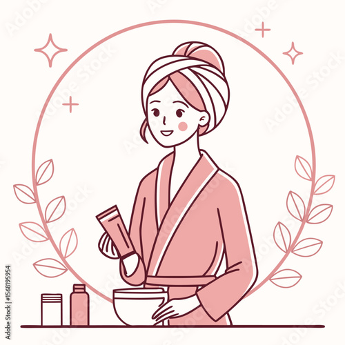 A woman in a bathrobe preparing skincare treatments for a healthy glowing complexion