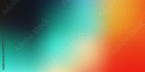 Dark grainy color gradient wave background, purple red yellow blue green colors banner poster cover abstract design, black copy space.