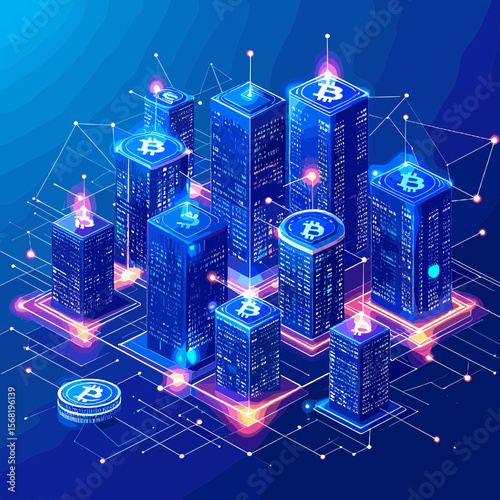 Futuristic Cityscape with Glowing Buildings and Bitcoin Symbols on a Blue Network Background Represents Digital Currency