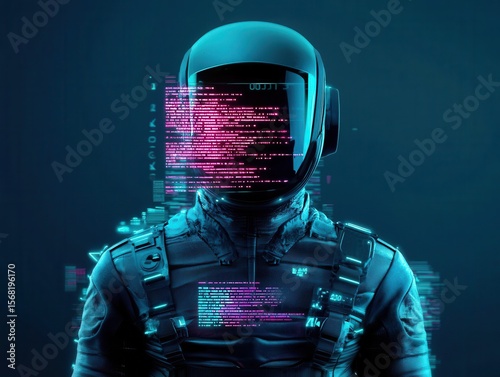 Digital warrior emerging from fragmented code, glitch armor reflecting neon city lights