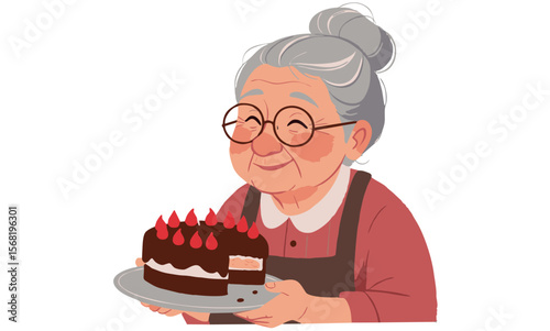 Drawing of a sweet grandma with glasses and a bun, wearing an apron and serving slices of cake, perfect for kitchen, love, and family life themes.