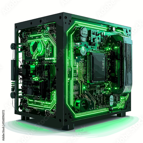 Futuristic Computer System Unit with Green Glowing Circuitry Internal Components and Transparent Side Panels in a Modern Tech Style