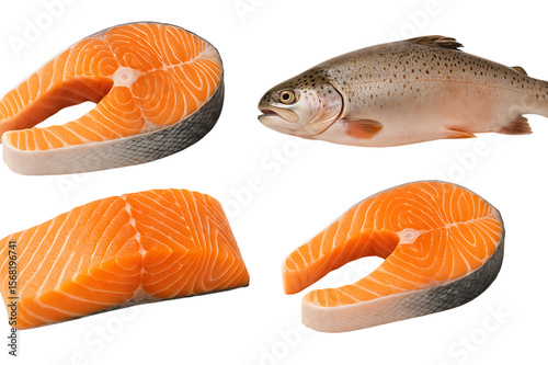 Set of fresh raw salmon trout fish slices and steaks isolated on transparent background
