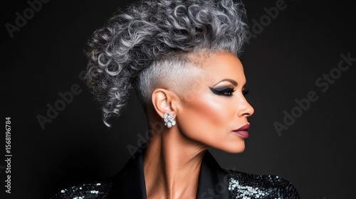 Sophisticated Silhouette: A poised woman showcases a striking profile, with her textured gray hair and radiant makeup, embodying elegance and grace.