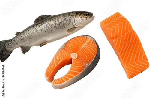 Fresh raw fish steaks and slices of salmon and trout isolated on transparent background