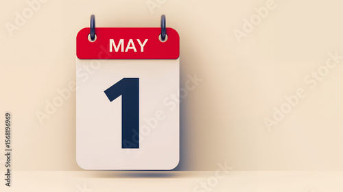 Close up of a calendar showing the first day of may against a light beige background wall space