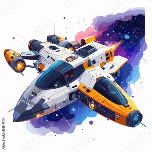 Futuristic White and Orange Spaceship Flying Through Colorful Nebula in Pixel Art Style Space Adventure Illustration