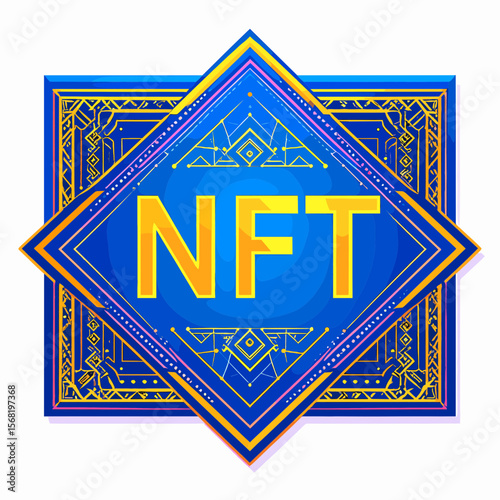 Geometric Blue And Gold NFT Graphic with Ornamental Square Frame on a White Background