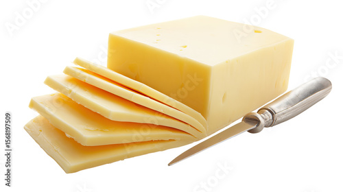 Solid cream-colored cheddar cheese block with smooth slice on transparent background