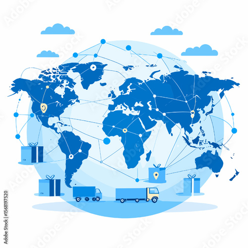 Global Logistics Network Depicting Worldwide Shipping with Blue World Map Trucks and Gift Boxes