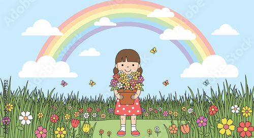 Cute Pixel Art Girl Holding a Pot of Flowers in a Sunny Field Under a Rainbow