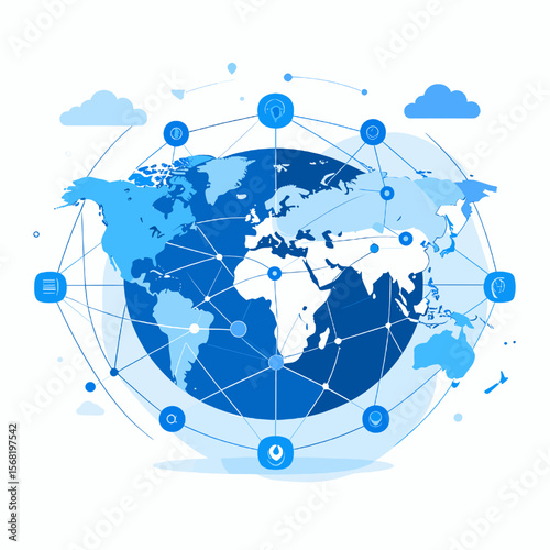 Global Network Connection with Blue World Map Data Communication and Technology Visualization