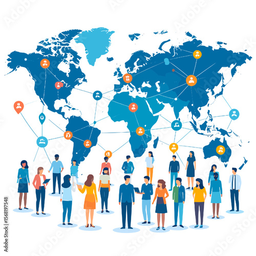 Global Connection Network with Diverse People Standing Before a World Map with Blue and Orange Icons on a White Background