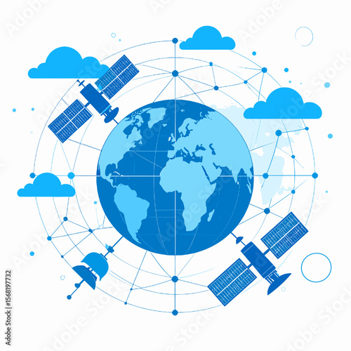 Global Satellite Network Orbiting Earth with Blue Satellites Connecting the World Over White Backdrop