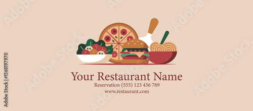 Flat Restaurant Banner Design with Pizza, Burger, Salad, and Pasta | Modern Food Ad Template