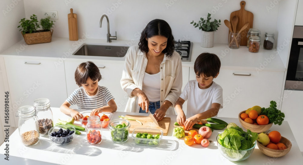 Mother and two children preparing fresh food together in a bright kitchen.